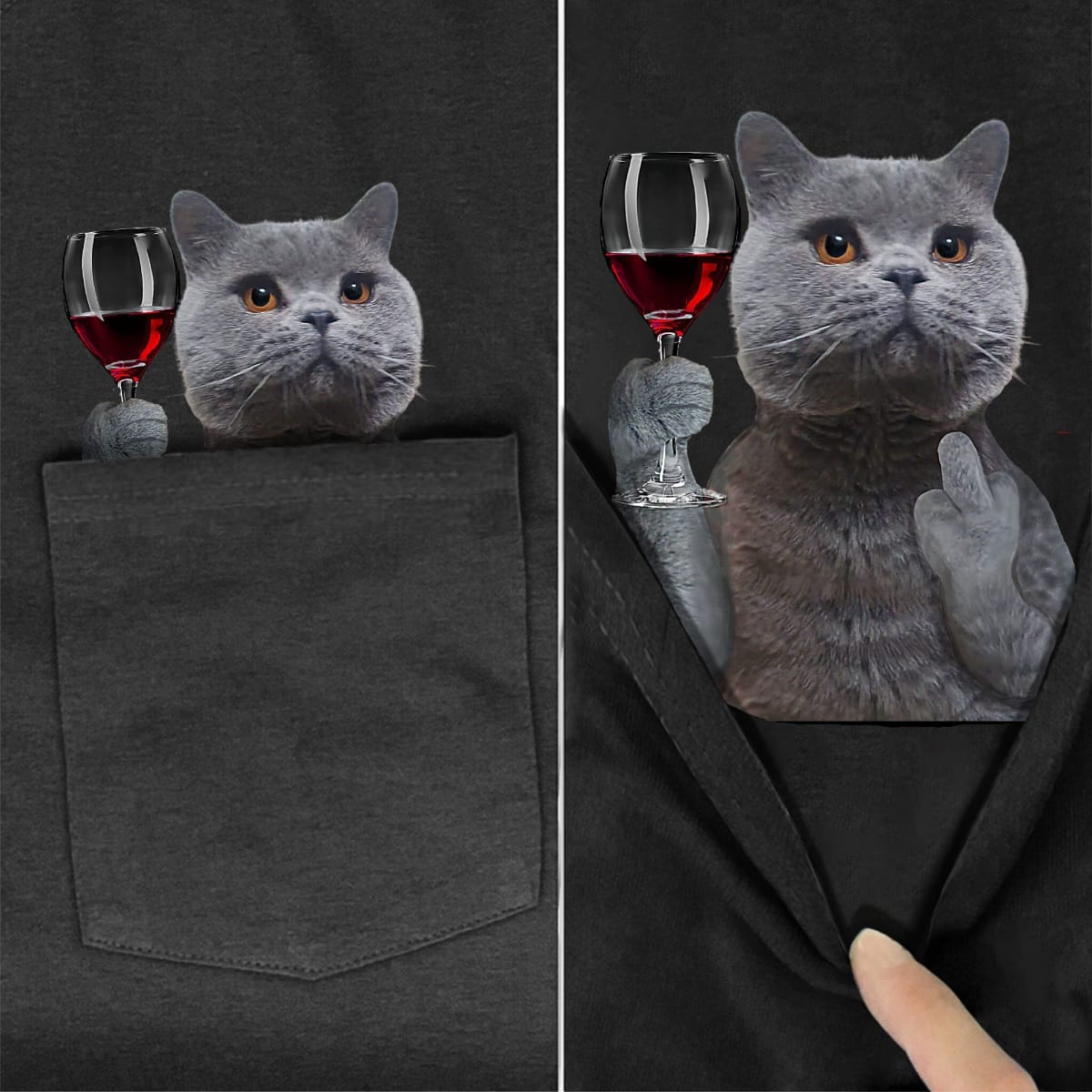 Chartreux Cat Red Wine Pocket T-Shirt