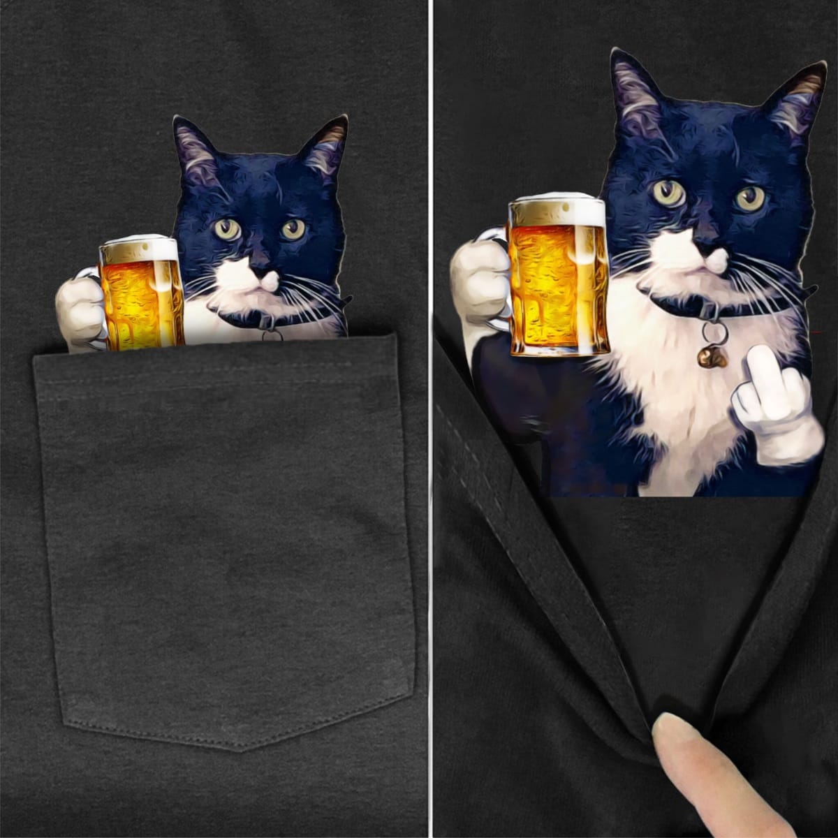 Bi-color Cat Beer F Pocket T-Shirt