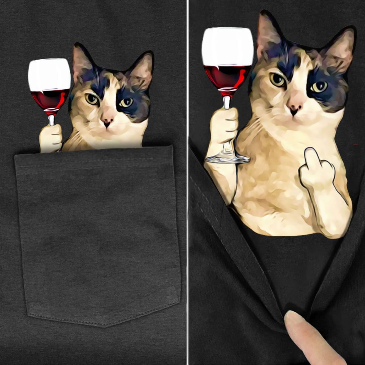 Vintage Cat Red Wine Pocket T-shirt