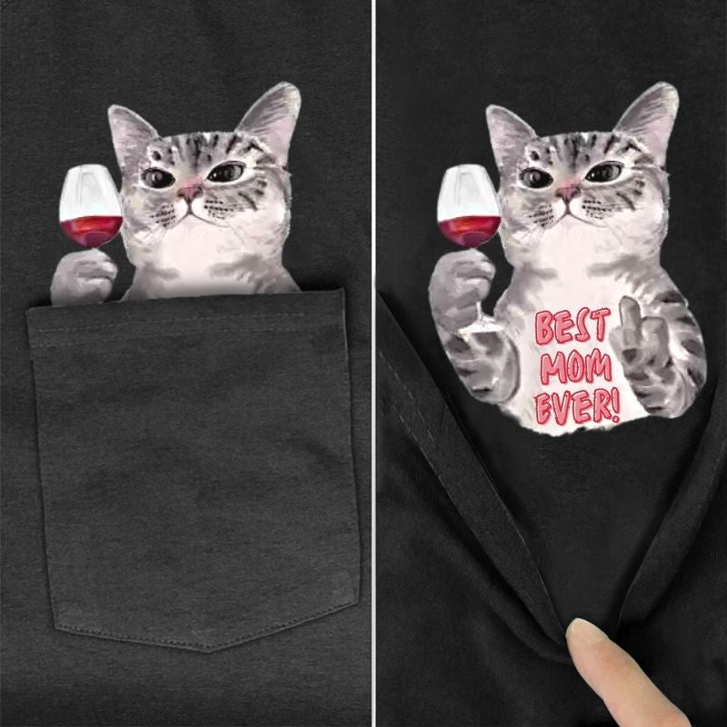 Best Cat Mom Ever Pocket T-shirt - Super Kitty Cats - CatMom-S