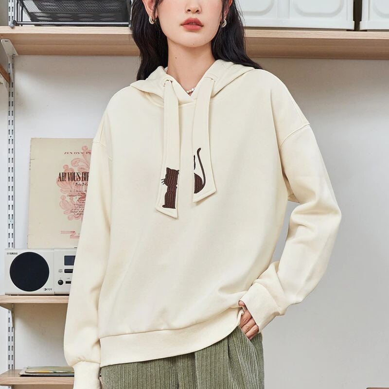 Cat Embroidery Women Hoodies - Super Kitty Cats - 1005004788407058-L-Beige