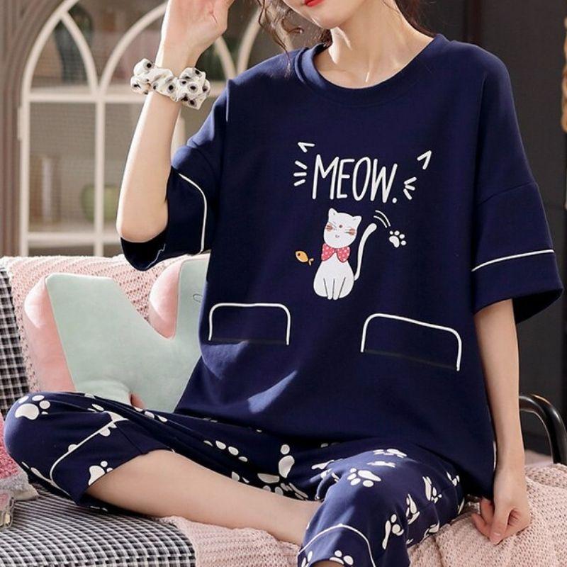 Cat Meow Sleepwear Set - Super Kitty Cats - 14:691#As shown;5:361386#M 40-50KG