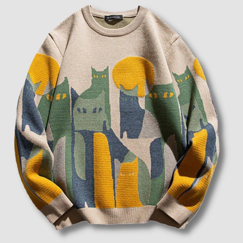 Cats Under The Moon Sweater - Super Kitty Cats - 12000027447891580-Khaki-Asian size 3XL