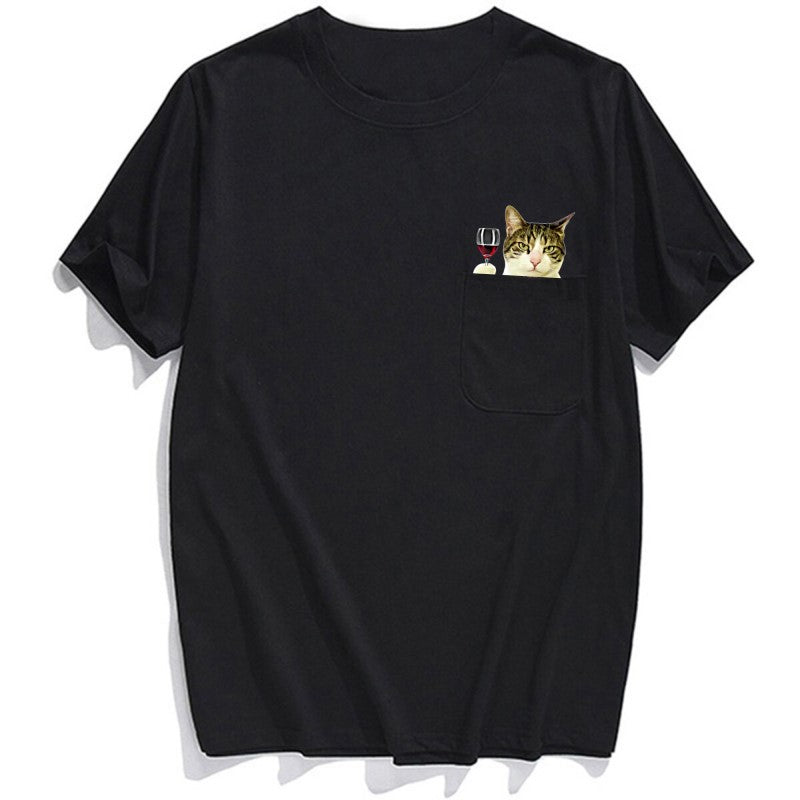 Cheers Tabby Cat Wine Pocket T-Shirt - Super Kitty Cats - CheersTpockettshirt-S
