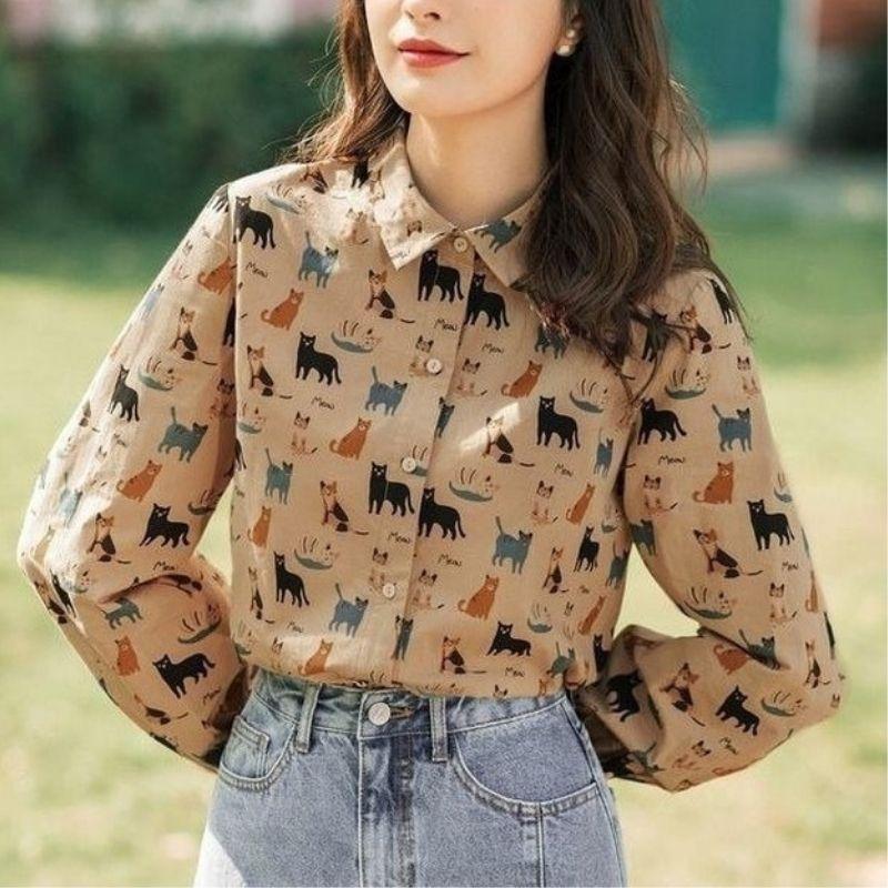 Classic Cat Print Shirt - Super Kitty Cats - 46071531-xl-khaki