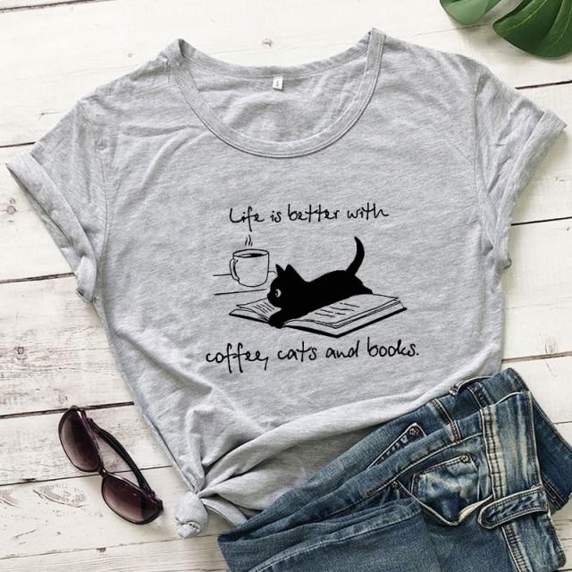 Coffee Cats and Books T-shirt - Super Kitty Cats - 39254971-gray-black-text-l