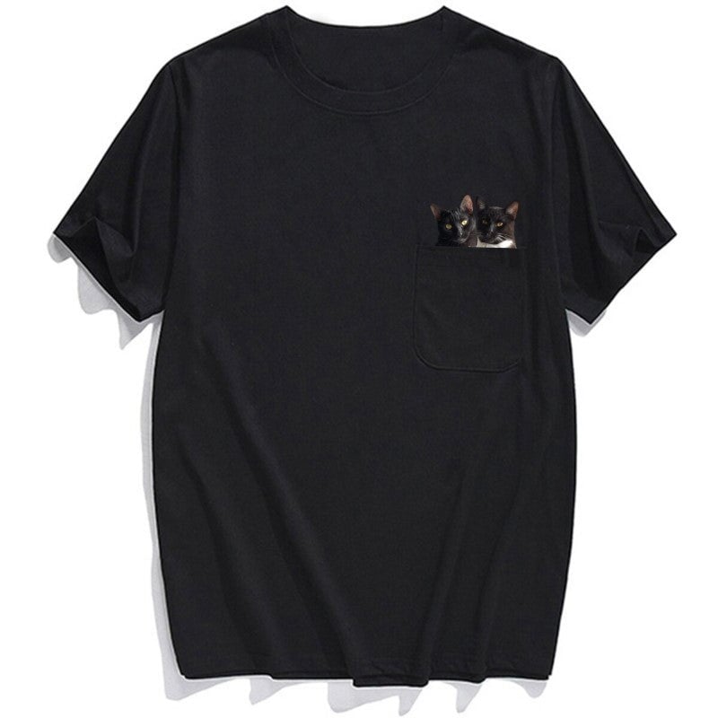 Double Cats Wine Pocket T-shirt - Super Kitty Cats - DCW-US-S