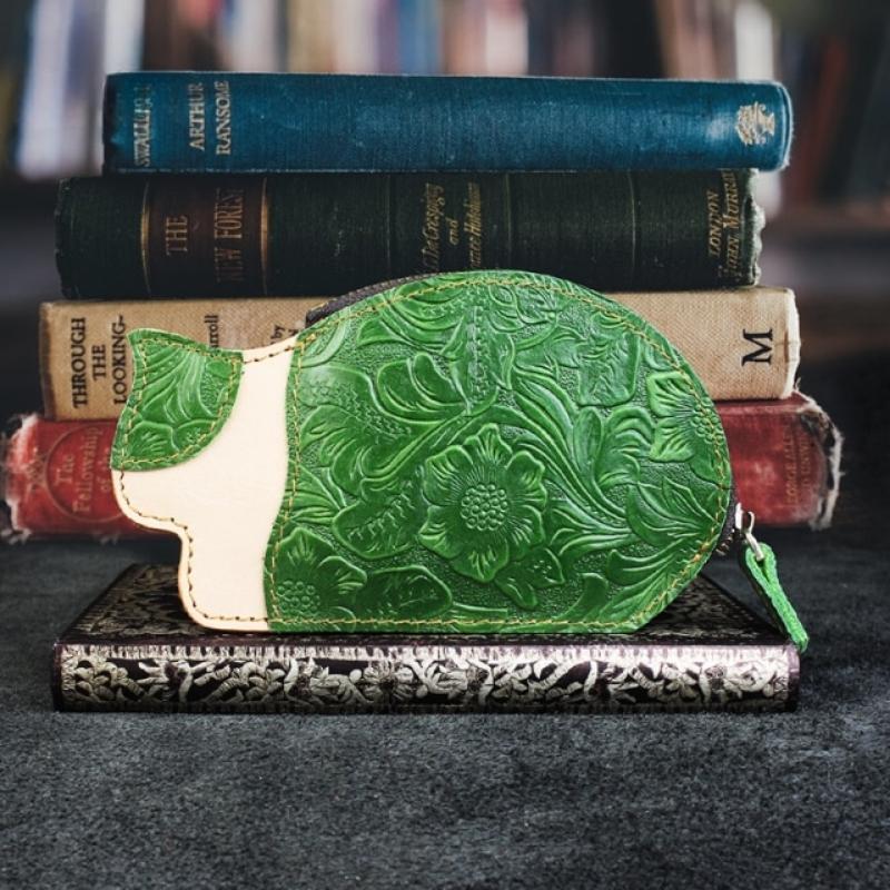 Genuine Leather Cat Coin Purse - Super Kitty Cats - 48899275-green