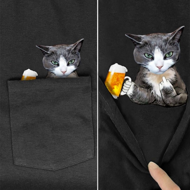 Grey Cat Beer Pocket T-Shirt - Super Kitty Cats - drinkbeerpockettshirt-S
