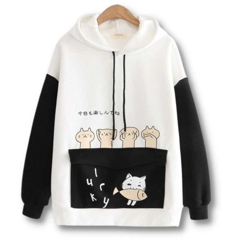 Harajuku Cartoon Cats Hoodies - Super Kitty Cats - 33155074-velvet-black-l