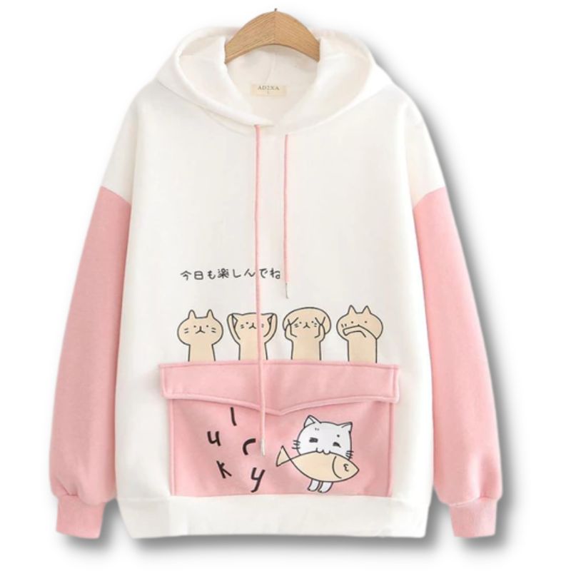 Harajuku Cartoon Cats Hoodies - Super Kitty Cats - 33155074-velvet-pink-l