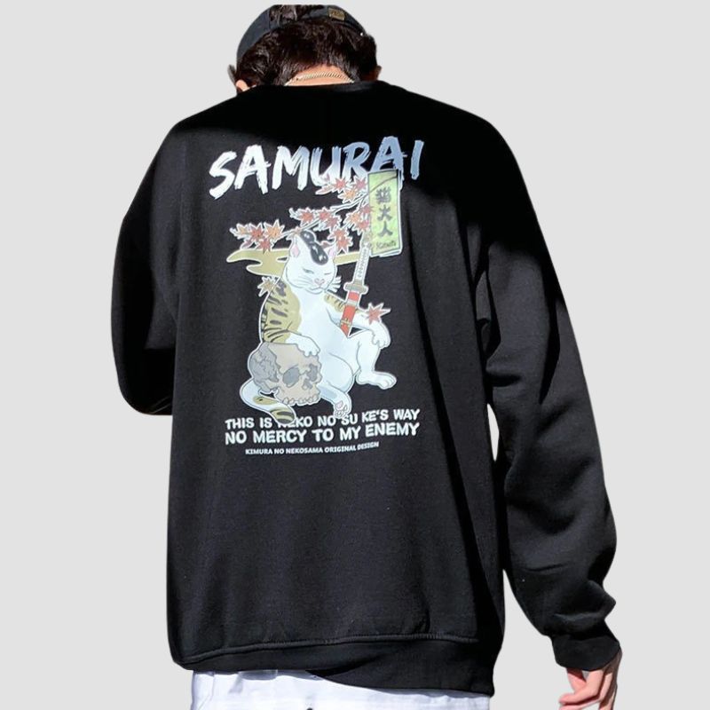 Japanese Cat Oversized Sweater - Super Kitty Cats - 12000017225912680-Black-M