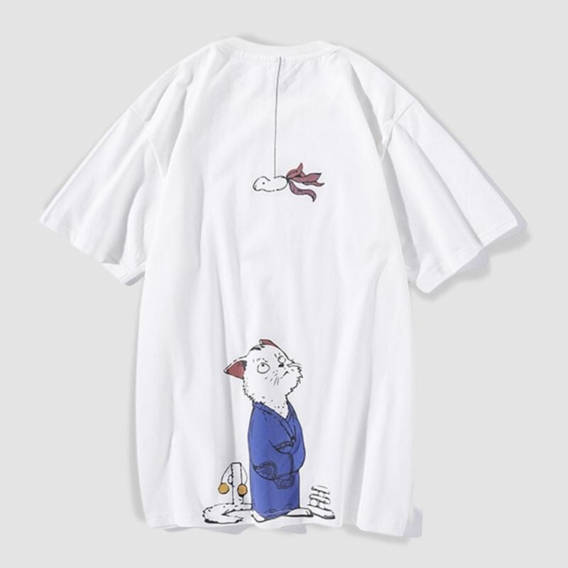 Japanese Streetwear Cat T-Shirt - Super Kitty Cats - 3256802166840784-White-L