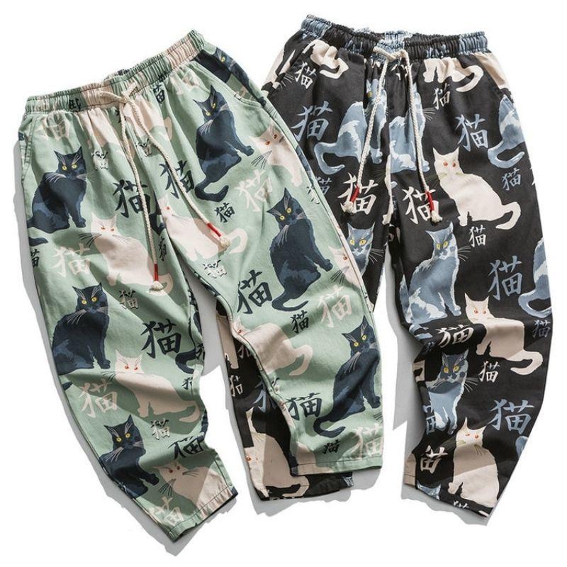 "Mao" Cat Printed Capri Pants - Super Kitty Cats - 45421284-chinese-size-l-green-china