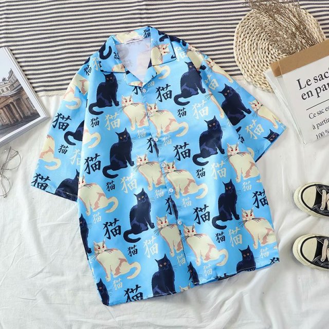 "Mao" Cat Printed Shirt - Super Kitty Cats - 41587680-blue-asian-size-m