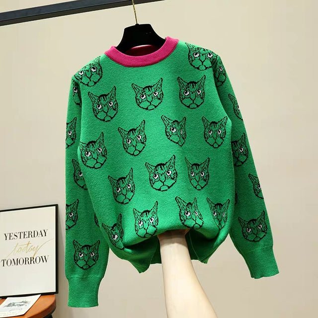Meow Knitted Pullover - Super Kitty Cats - 51985052-green-free-size