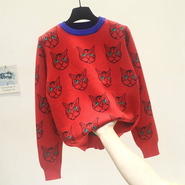 Meow Knitted Pullover - Super Kitty Cats - 51985052-red-free-size