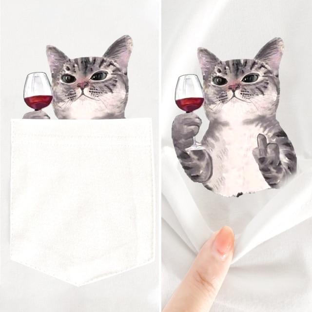 Noblesse Cat Wine White Pocket T-shirt - Super Kitty Cats - NCWPocket-US-3XL