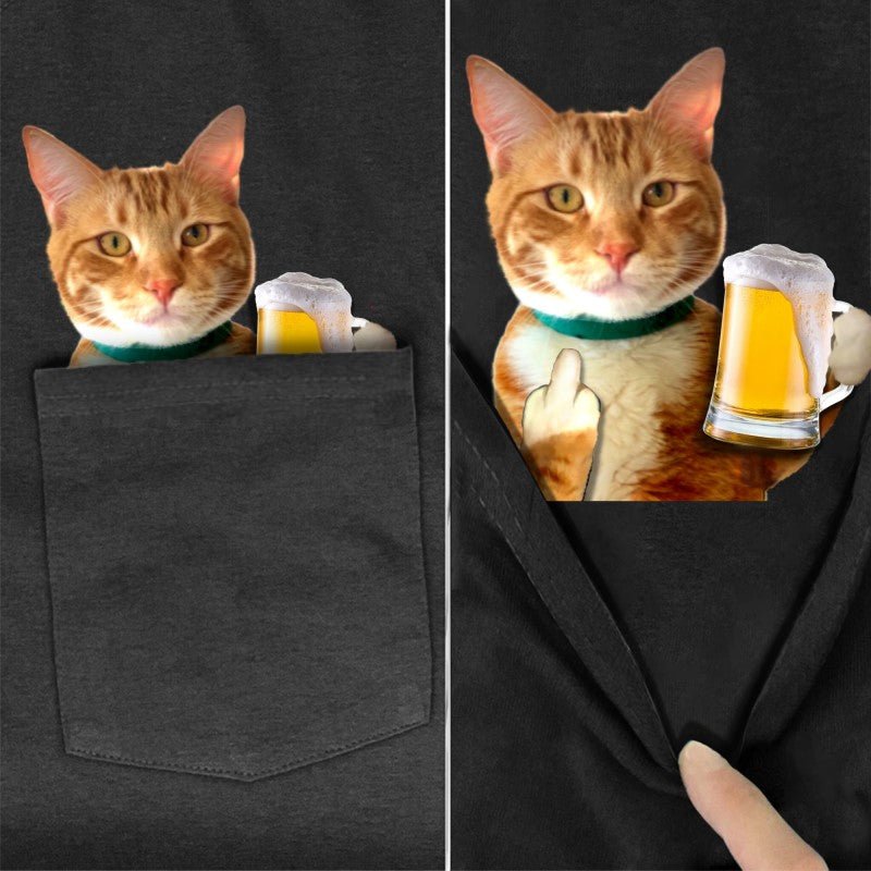 Orange Beer Cat Pocket T-Shirt - Super Kitty Cats - OrgBeerpockettshirt-S