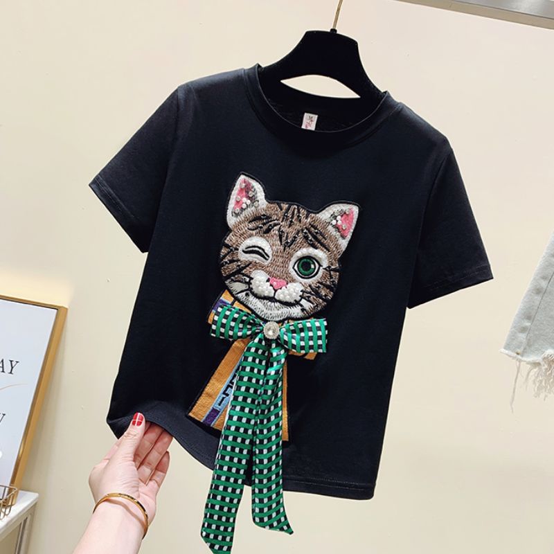 Ribbon Cat Embroidery Cropped Tee - Super Kitty Cats - 14:193;5:100014064