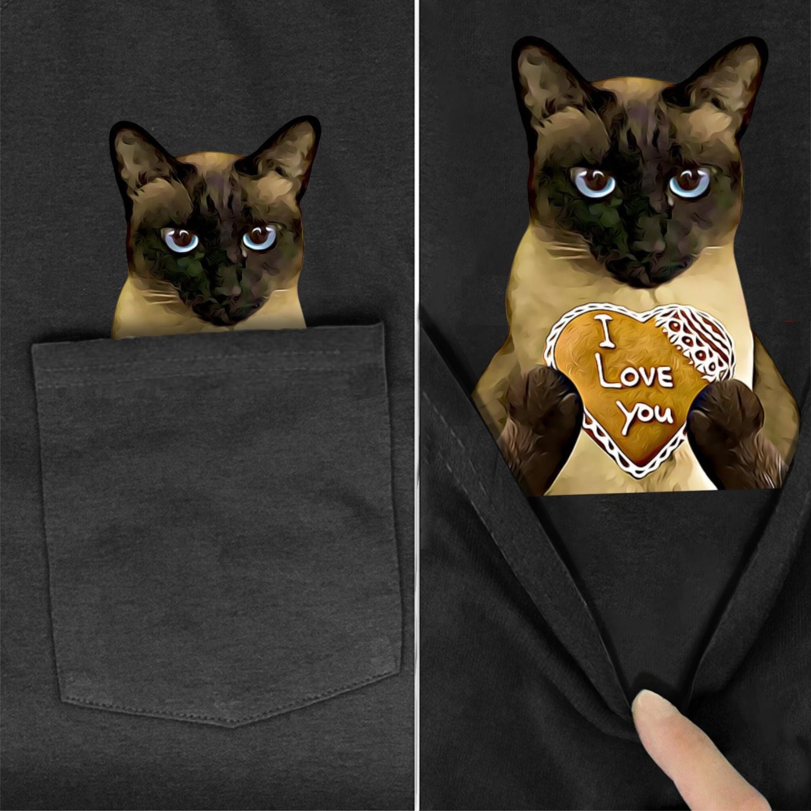 Siamese Cat I Love You Cookie Pocket T-Shirt - Super Kitty Cats - SiameseCookiepockettshirt-S