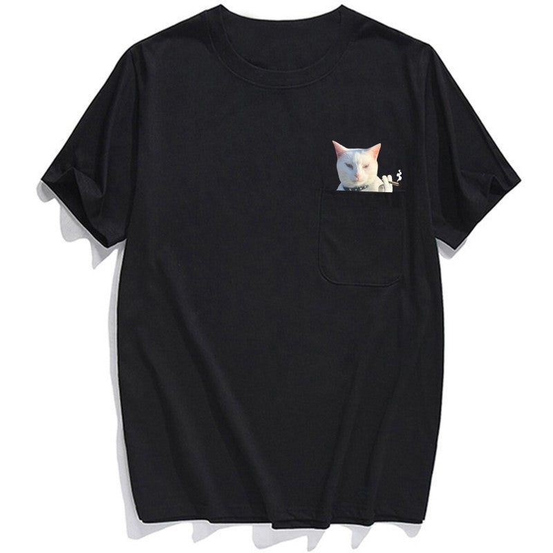 Smoking Shorthair Cat Pocket T-Shirt - Super Kitty Cats - ASSpockettshirt-S