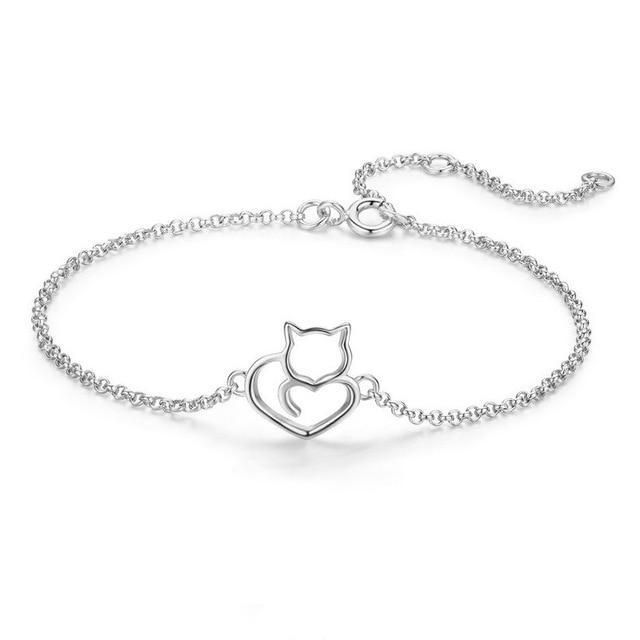 Sterling Silver Cat Heart Bracelet - Super Kitty Cats - 19428455-scb102