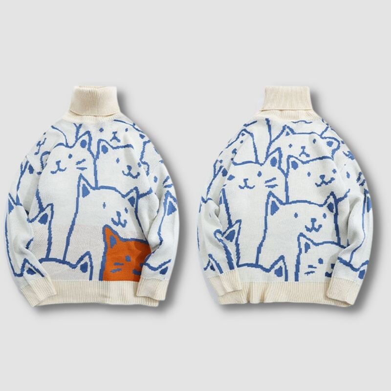 Turtleneck Cat Pattern Sweater - Super Kitty Cats - 1005003824197223-L-Apricot