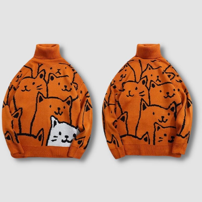Turtleneck Cat Pattern Sweater - Super Kitty Cats - 1005003824197223-M-Orange