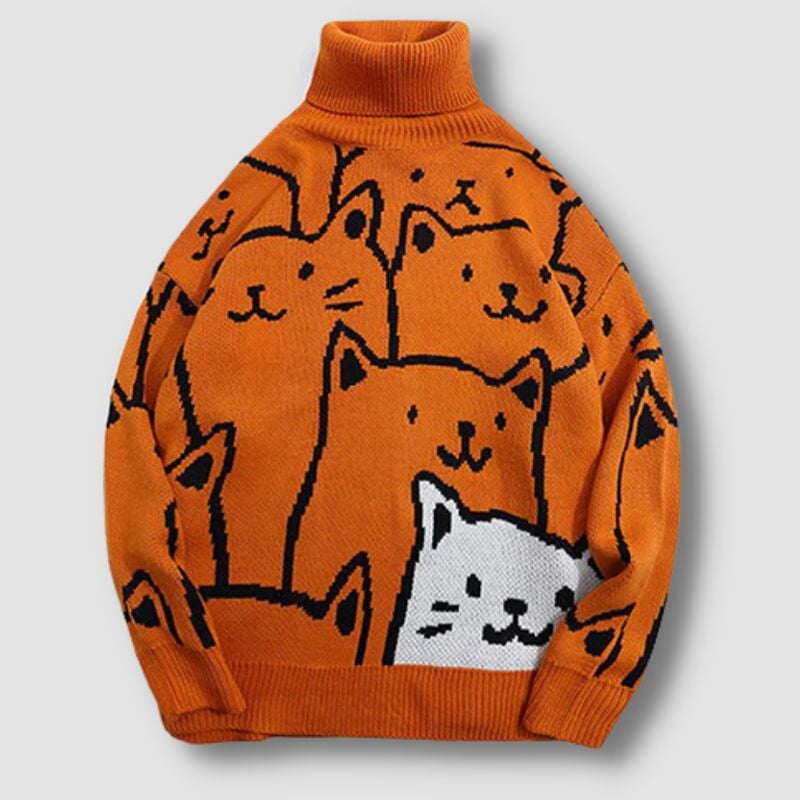 Turtleneck Cat Pattern Sweater - Super Kitty Cats - 1005003824197223-S-Black
