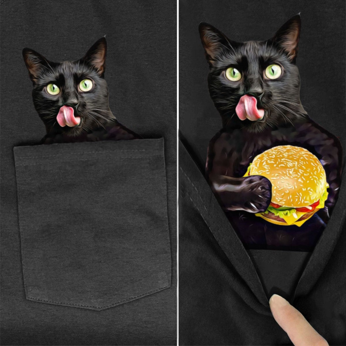 Black Cat with Cheeseburger Pocket T-Shirt