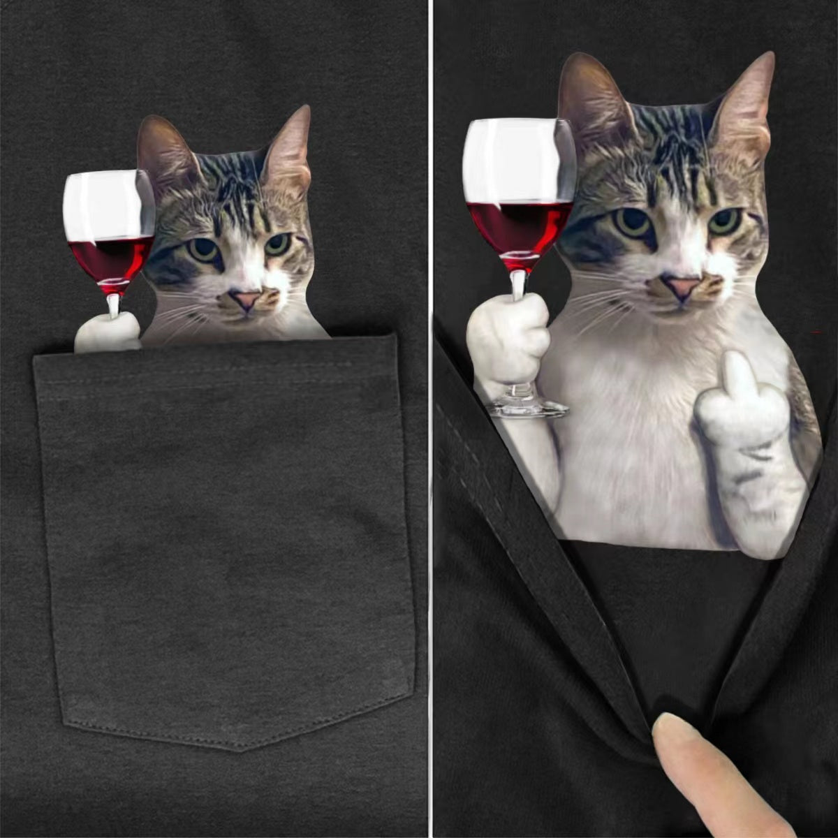 Cat Enjoys Wine Elegantly Pocket T-shirt