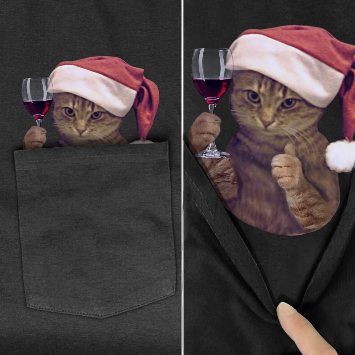 Santa Cat Thumbs Up Pocket T-shirt