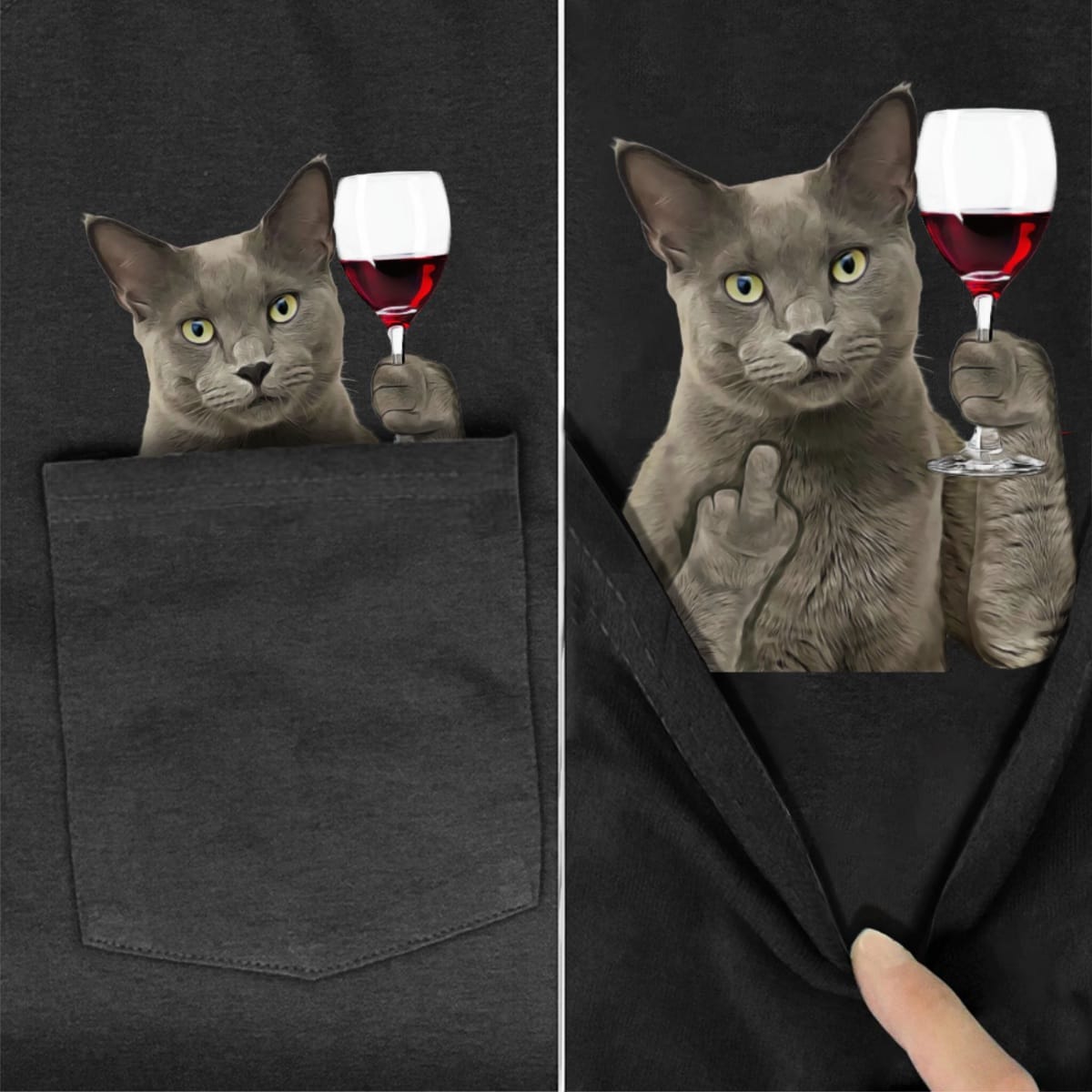 Russian Blue Cat Wine Pocket T-Shirt