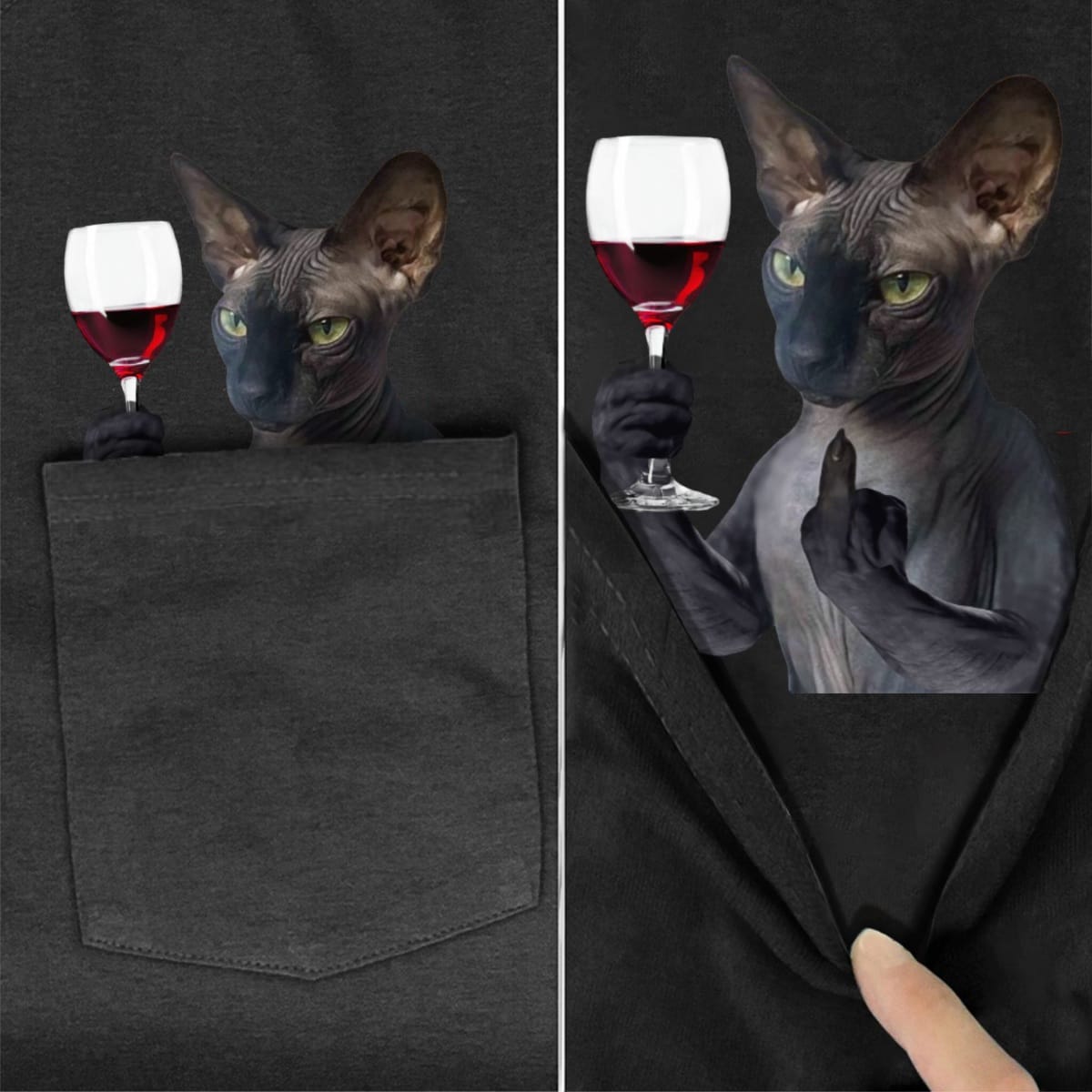 Sphynx Cat Red Wine Pocket T-shirt