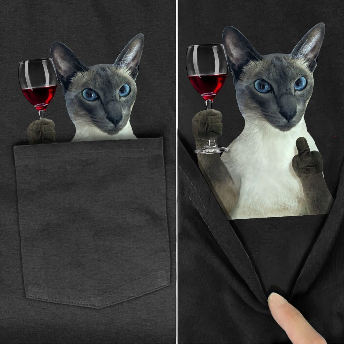 Siamese Cat Red Wine Pocket T-Shirt