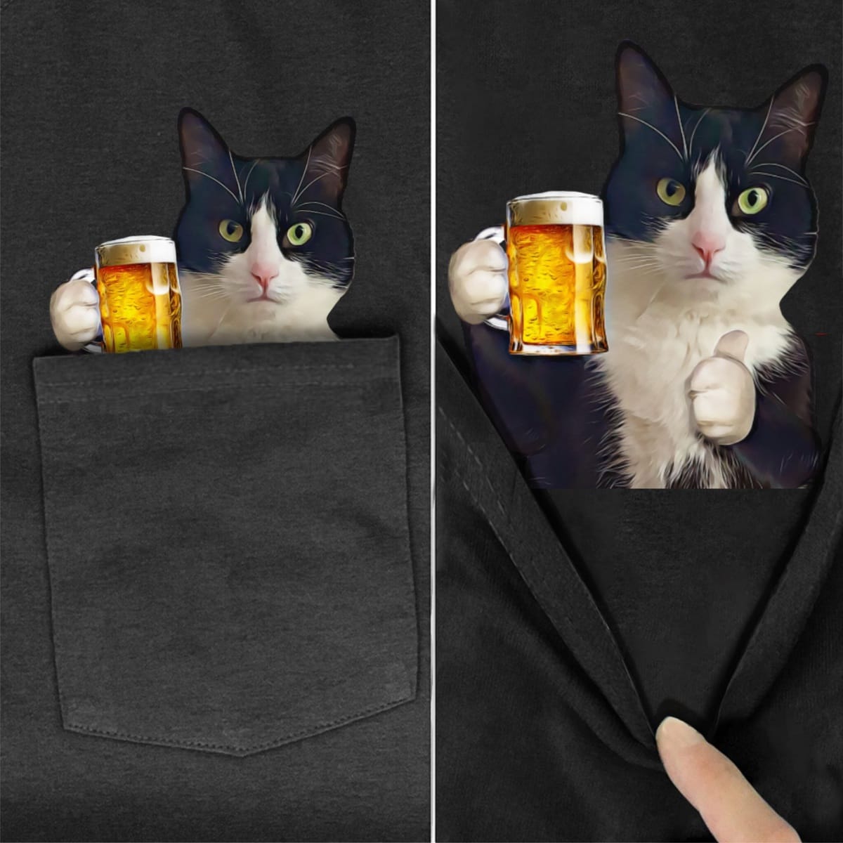 Bi-color Cat Beer Thumbs Pocket T-Shirt
