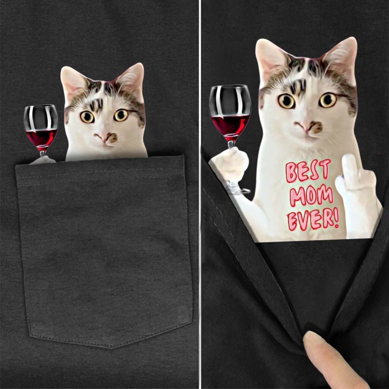 Best Mom Cat Wine Pocket T-Shirt - Super Kitty Cats - BMCpockettshirt-S