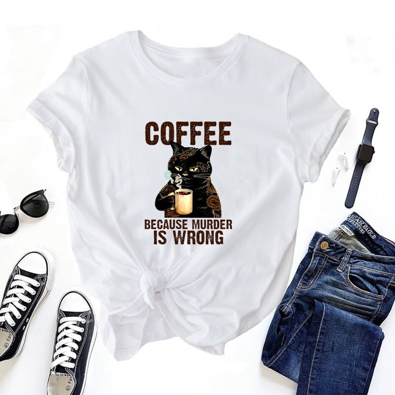 Black Cat Coffee T-shirt - Super Kitty Cats - 14:29;5:100014064