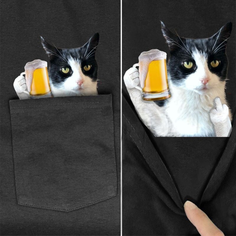 Black &amp; White Cat Beer Pocket T-shirt - Super Kitty Cats - BWCatBeer-US-S