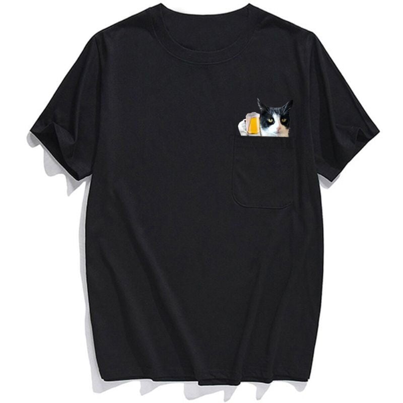 Black & White Cat Beer Pocket T-shirt - Super Kitty Cats - BWCatBeer-US-S
