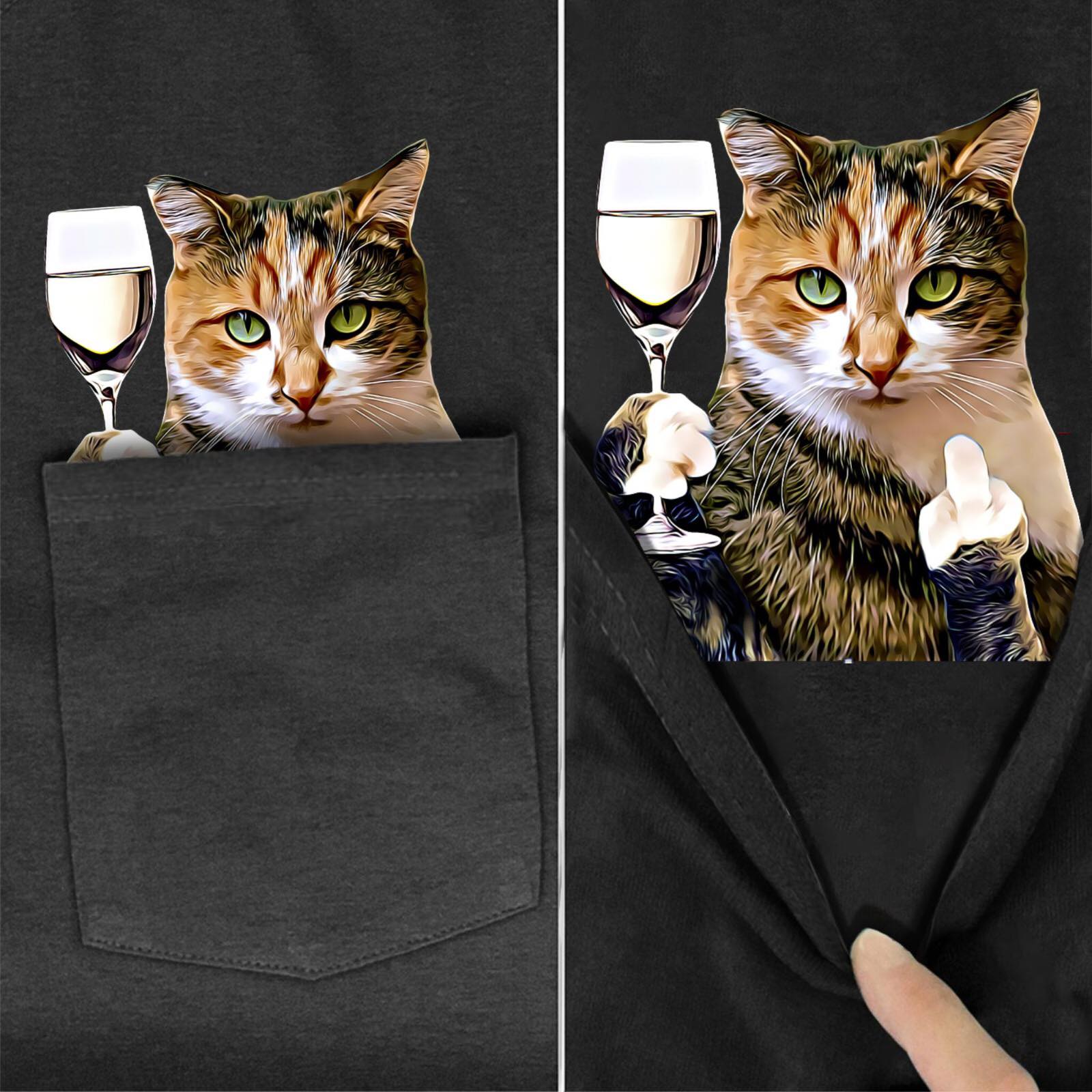 Calico Cat White Wine Pocket T-Shirt - Super Kitty Cats - Calicowhite-wine-s