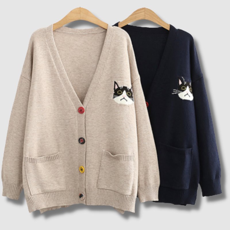 Cardigan Cat Embroidery Sweater - Super Kitty Cats - 12000015740575240-Gray-One Size