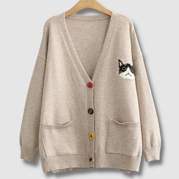 Cardigan Cat Embroidery Sweater - Super Kitty Cats