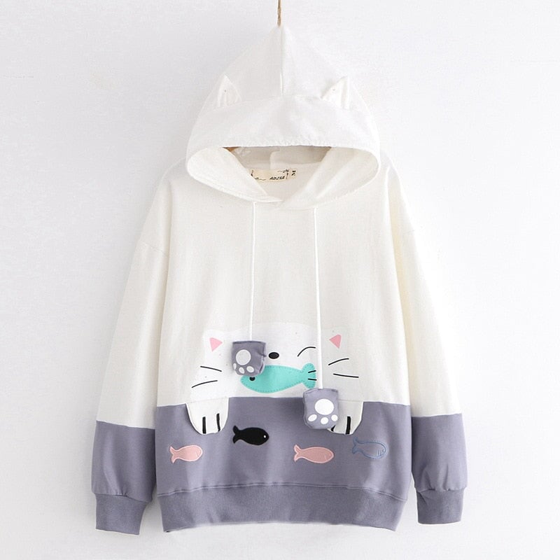 Cat Fish Kawaii Hoodies - Super Kitty Cats - 14:691#Gray purple;5:361386