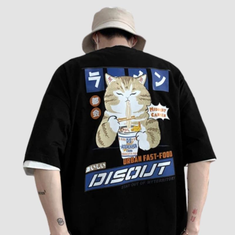 Cat Ramen Oversized T-shirt - Super Kitty Cats - 45628472-black-m
