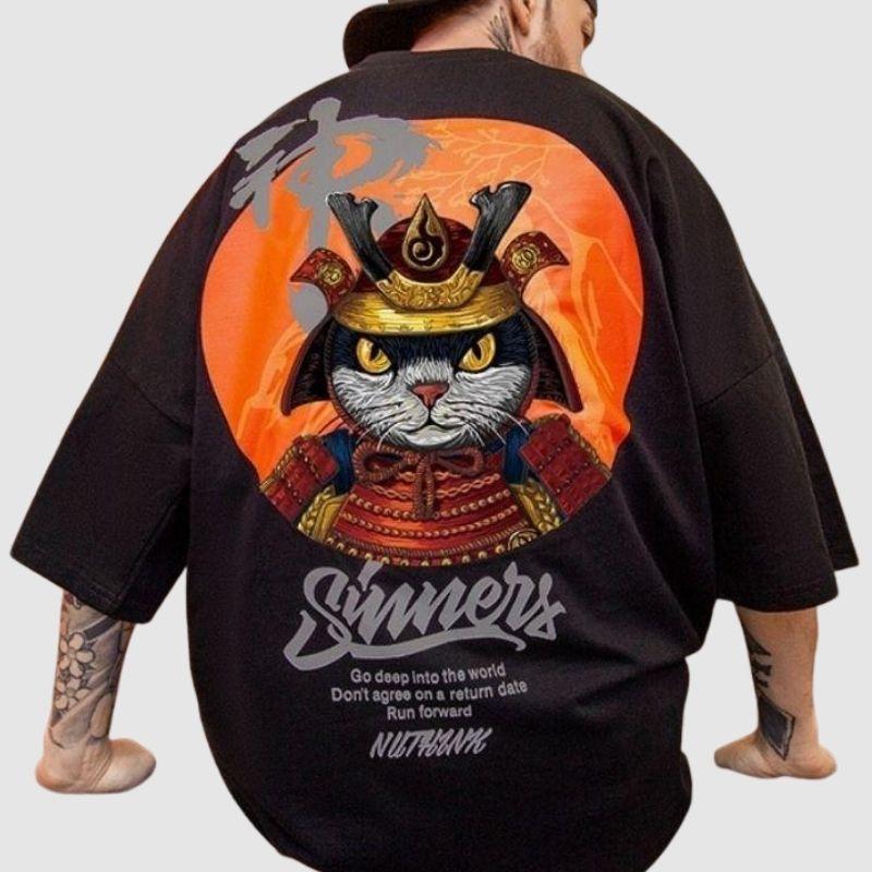 Cat Samurai Oversized T-shirt - Super Kitty Cats - 44676168-black-l