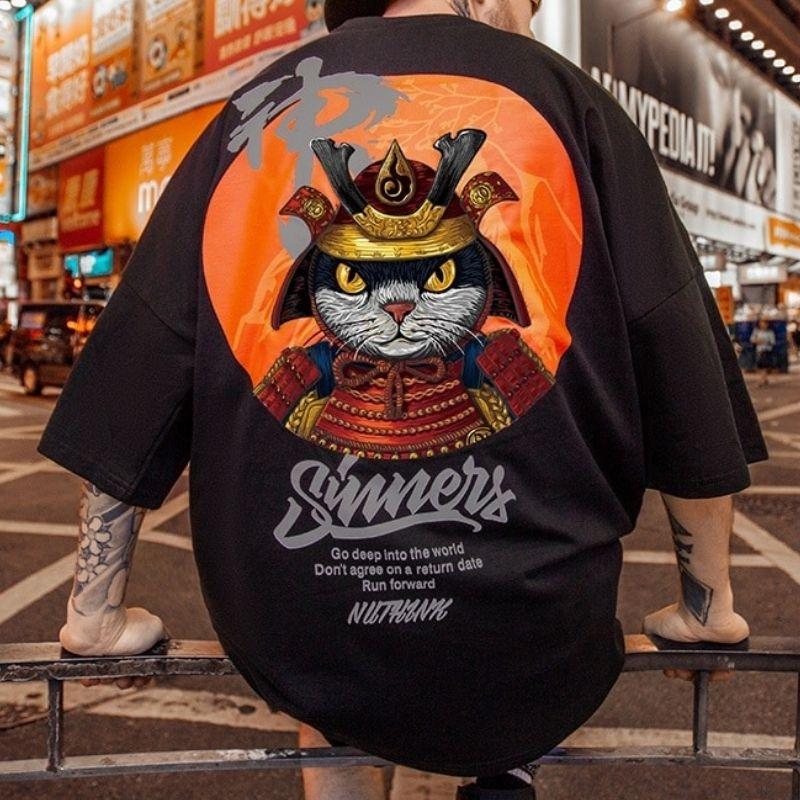 Cat Samurai Oversized T-shirt - Super Kitty Cats - 44676168-black-l