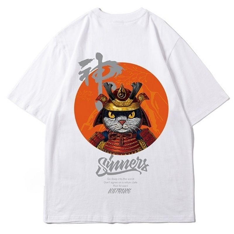 Cat Samurai Oversized T-shirt - Super Kitty Cats - 44676168-white-l