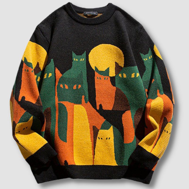 Cats Under The Moon Sweater - Super Kitty Cats - 12000027447891572-Black-Asian size 3XL